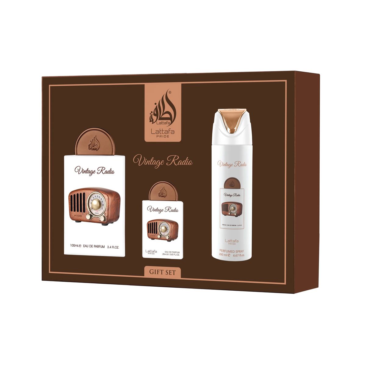 Lattafa Pride Vintage Radio EDP 100 ml + EDP 20 ml + Bodyspray 200 ml (unisex)