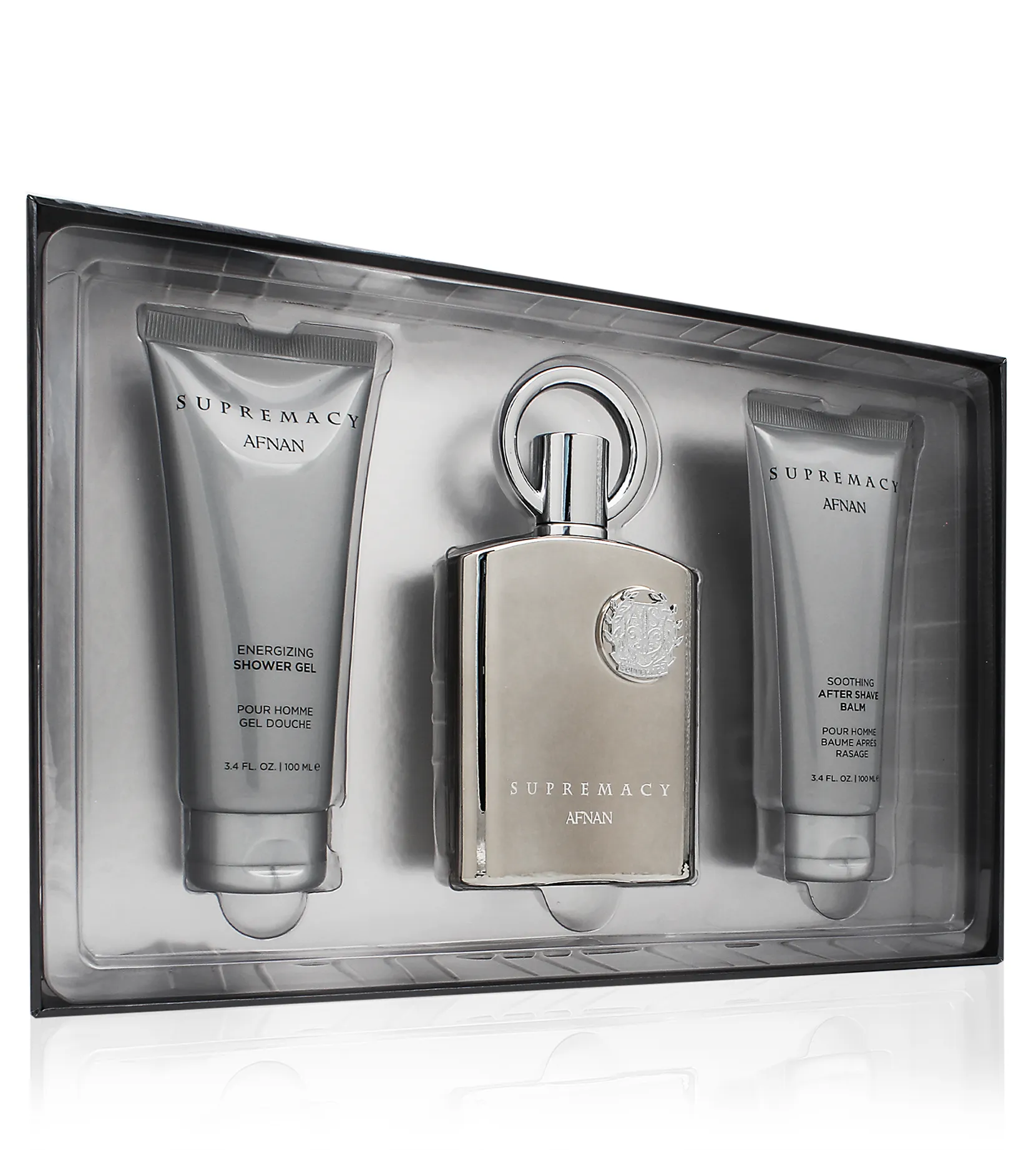 Afnan Supremacy Silver gift set for men eau de parfum 100 ml + shower gel 100 ml + aftershave balm 100 ml